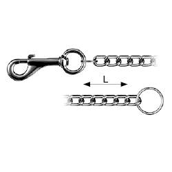 Metal chain with carabiner hook and ring, shown with length measurement between the chain links.