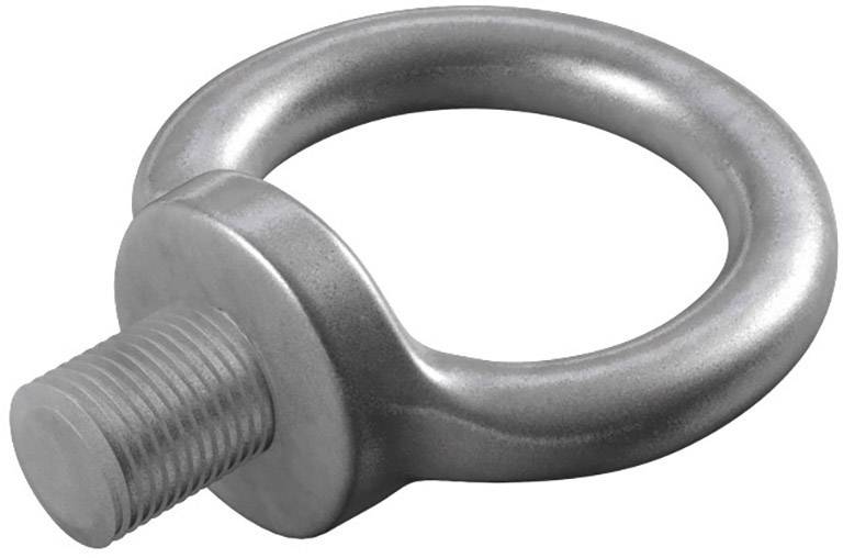 A metal eyebolt with a round, closed ring at the top and a threaded end at the bottom, used for securing purposes.