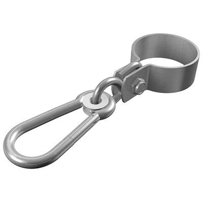 Metal pipe clamp with carabiner hook, connected by a screw, suitable for securing or suspending objects.