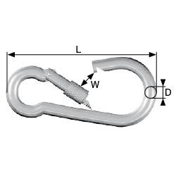 A carabiner with a screw gate, open. Dimensions are marked with L, W and D. Used for secure connecting or fastening.