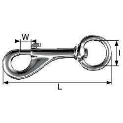 A round carabiner hook with spring-loaded closure. Technical drawing shows length L, width W, and height I. Chrome-plated metal.