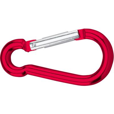 Red metal carabiner hook, open.