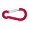 A red carabiner hook made of metal in a C-shape on a white background, open with a silver locking mechanism.