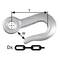 A metal hook with dimensions 'T' and 'W' is shown next to a chain link sketch illustrating the diameter 'Dx'.