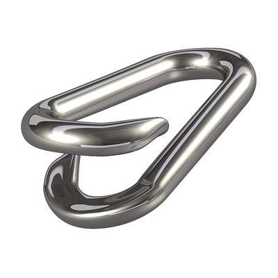 A single silver-coloured metal chain link, depicted in a schematic form, hovers against a white background.