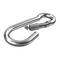 Silver carabiner hook, open, with locking mechanism. Used in climbing or safety equipment.