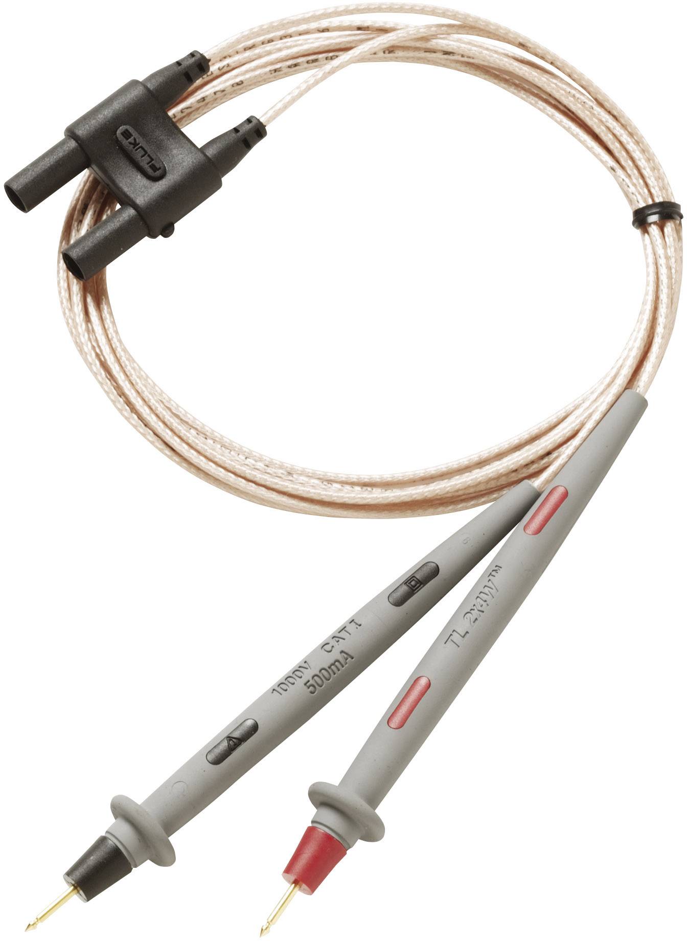 Two test probe cables with grey handles and golden tips, connected by a copper-coloured, braided cable.