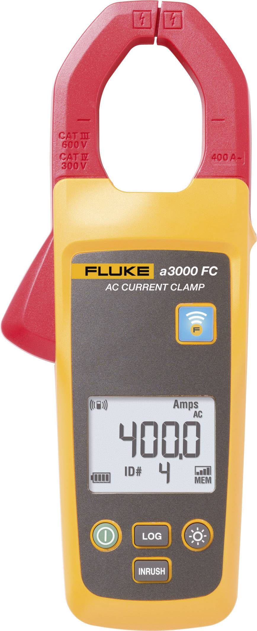 Digital ammeter with display. Shows '400.0 AC' in amperes. Orange-yellow with red clamps.