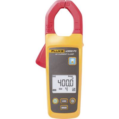 Digital ammeter with display. Shows '400.0 AC' in amperes. Orange-yellow with red clamps.
