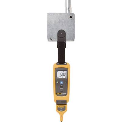 An orange electrical testing device is measuring a voltage of 1500 volts. It is connected via a measurement cable to a metallic terminal.