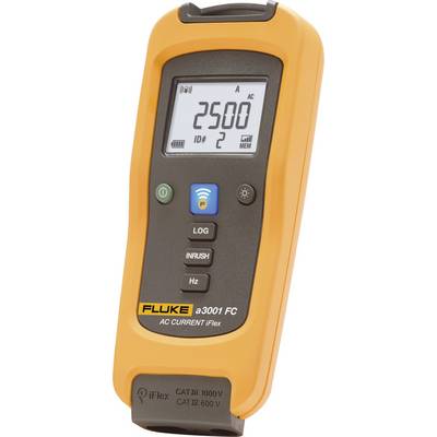 An orange Fluke current measurement device displays '2500 A' on its screen. It features multiple buttons for settings.