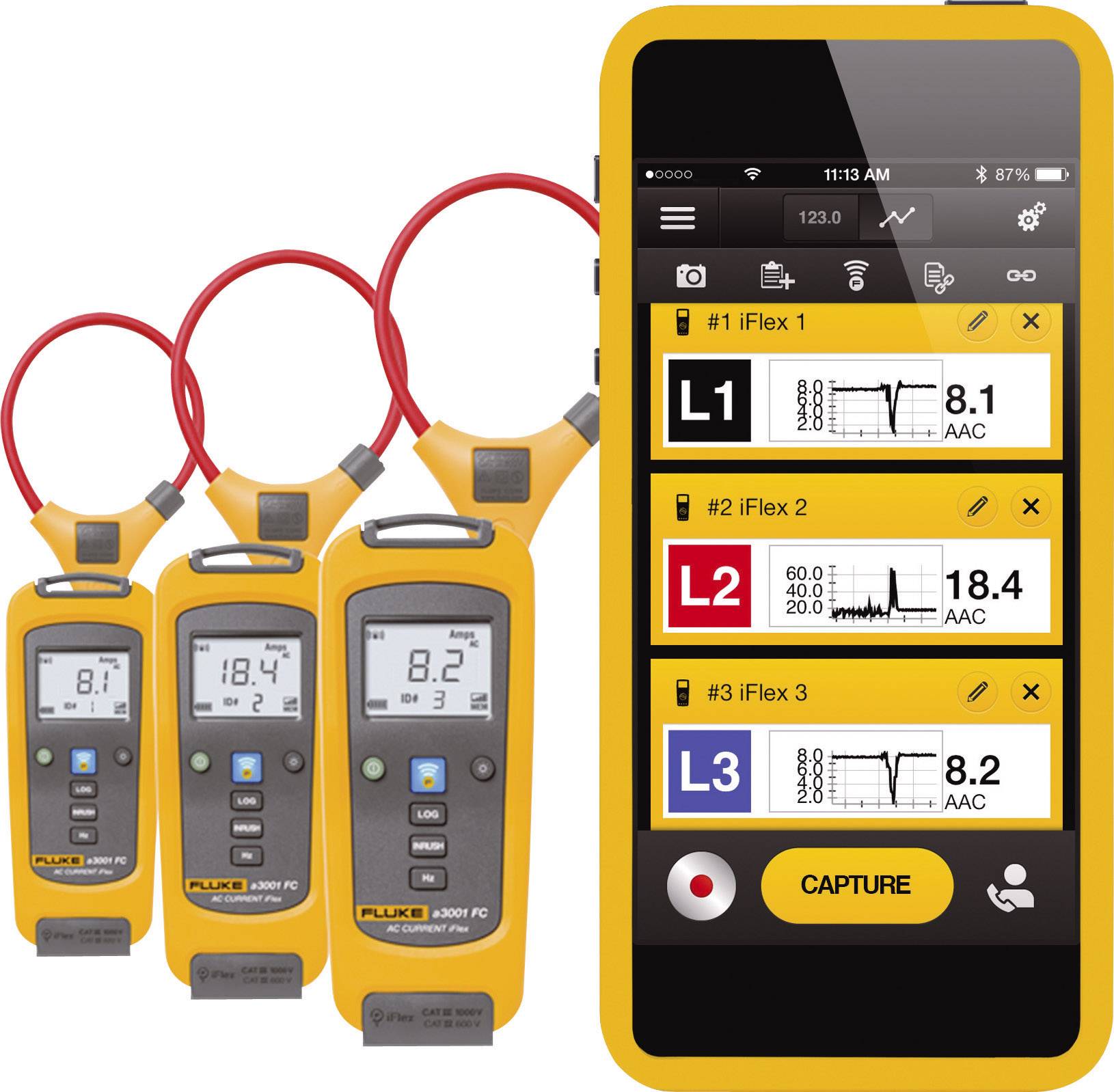Three electrical measuring devices with digital displays, connected to a smartphone showing measurement results from L1, L2, and L3.