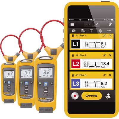 Three electrical measuring devices with digital displays, connected to a smartphone showing measurement results from L1, L2, and L3.