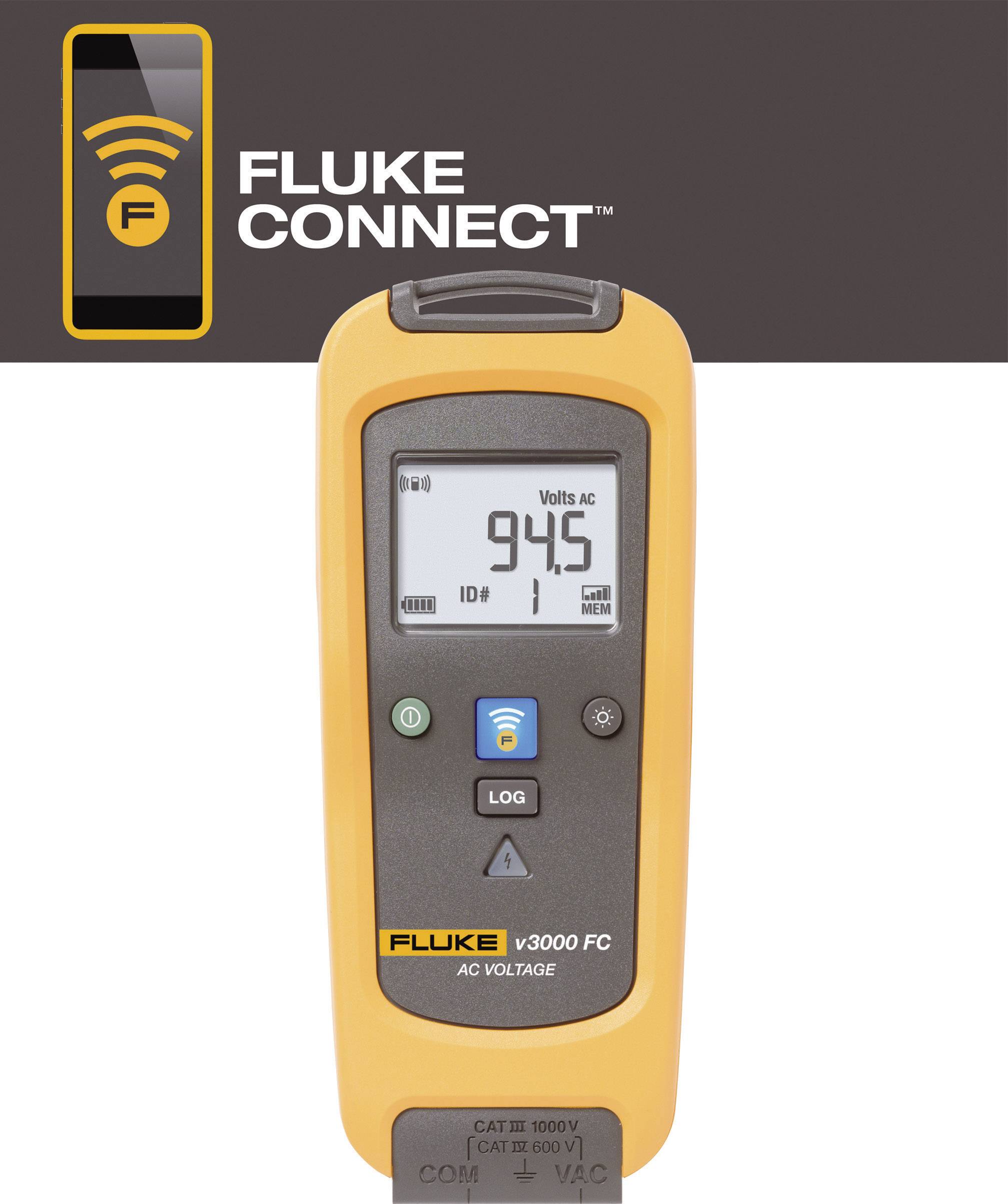 A yellow digital measuring device displays '94.5 Volts AC' on the screen. At the top is a symbol with 'Fluke Connect'.