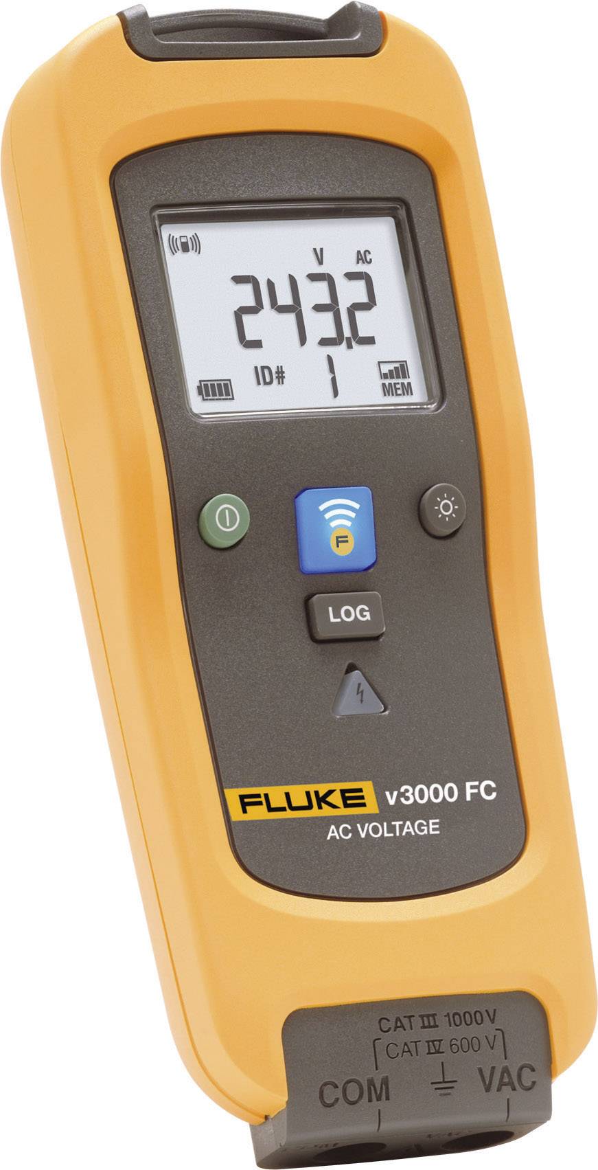 An orange digital multimeter by Fluke displays '243.2 V AC' on its screen. It has buttons for logging and a Wi-Fi symbol.