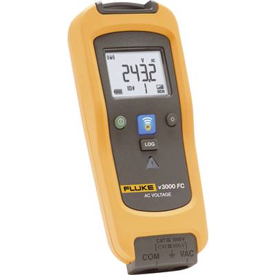 An orange digital multimeter by Fluke displays '243.2 V AC' on its screen. It has buttons for logging and a Wi-Fi symbol.