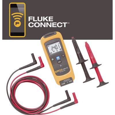 A multimeter with test cables and probes displays '24.01' on the screen. The 'Fluke Connect' logo is located in the top left corner.