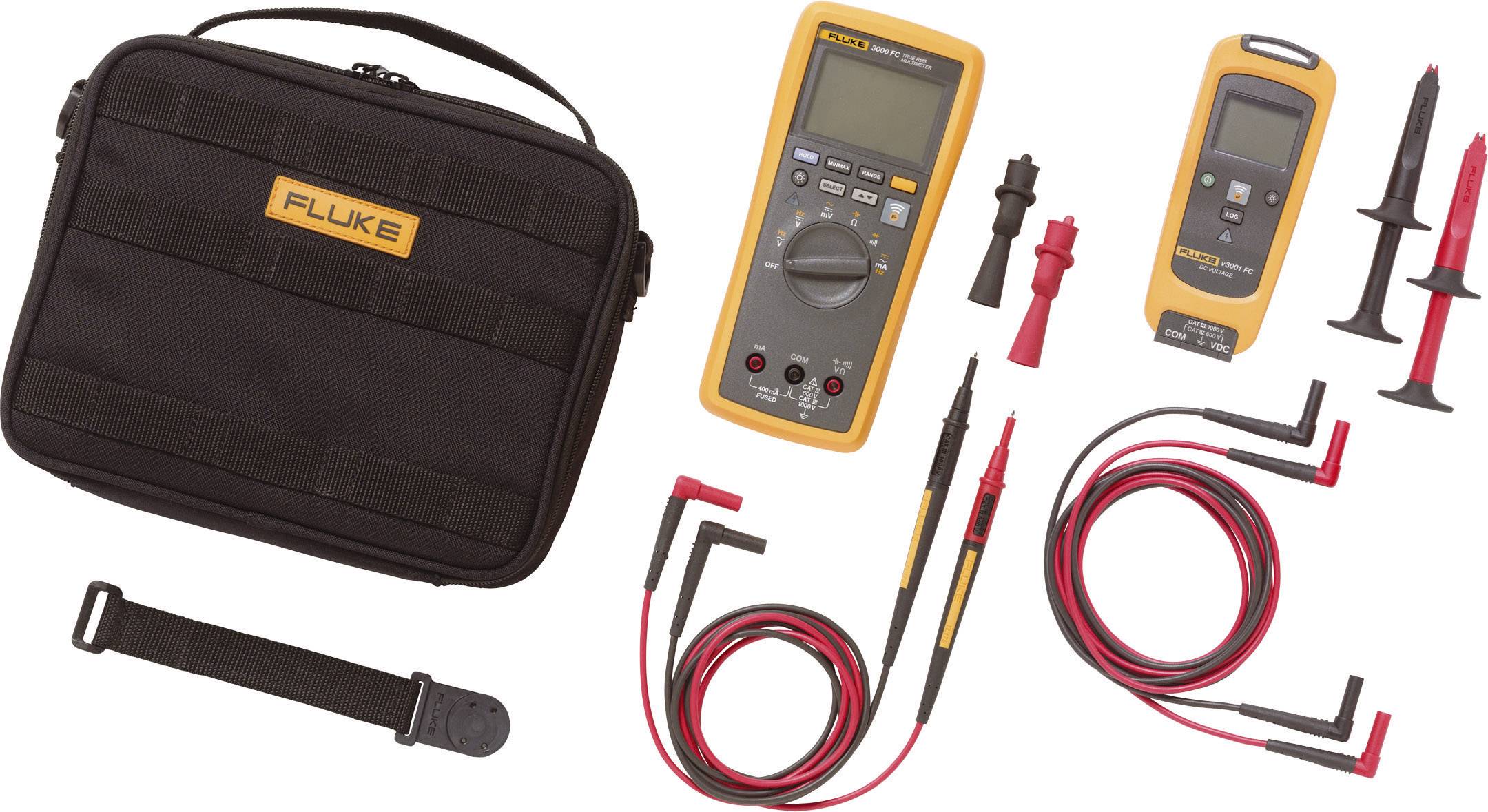 A digital multimeter set with various measuring devices and accessories in a black carry case. Essential for electrical maintenance.
