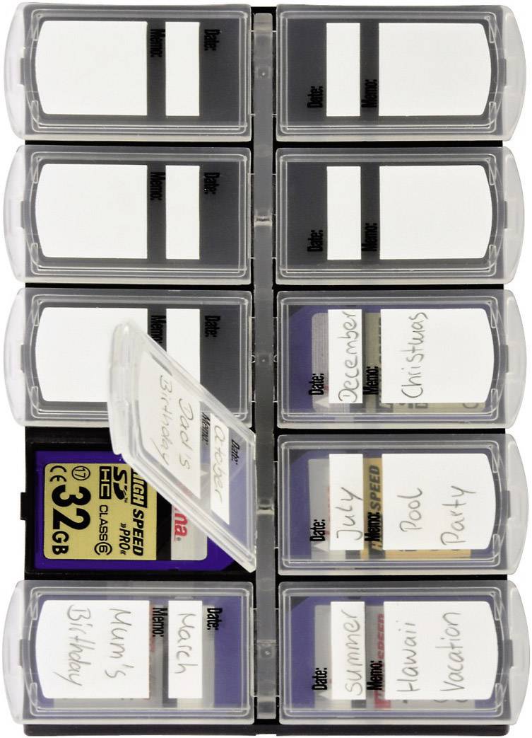 Memory card organiser with eleven labelled compartments, including categories such as 'July', 'December', 'Hawaii' and 'Pool', along with a 32GB card.