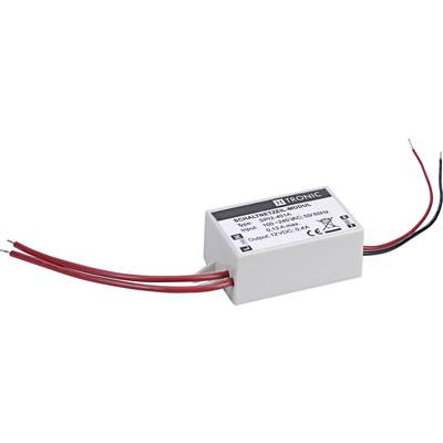 A white switched-mode power supply module with red and black cables. Label displays technical details such as input voltage and power rating.