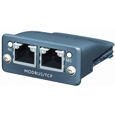 Dual module for Modbus/TCP communication with two Ethernet ports, blue plastic housing.