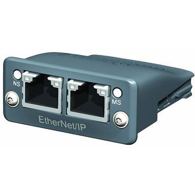 A grey EtherNet/IP module with two network cable connections, labelled 'NS' and 'MS', on the front panel.
