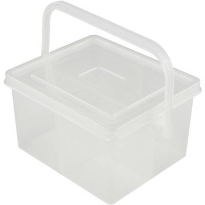 Transparent plastic storage box with lid and handle, suitable for storing small items or food.