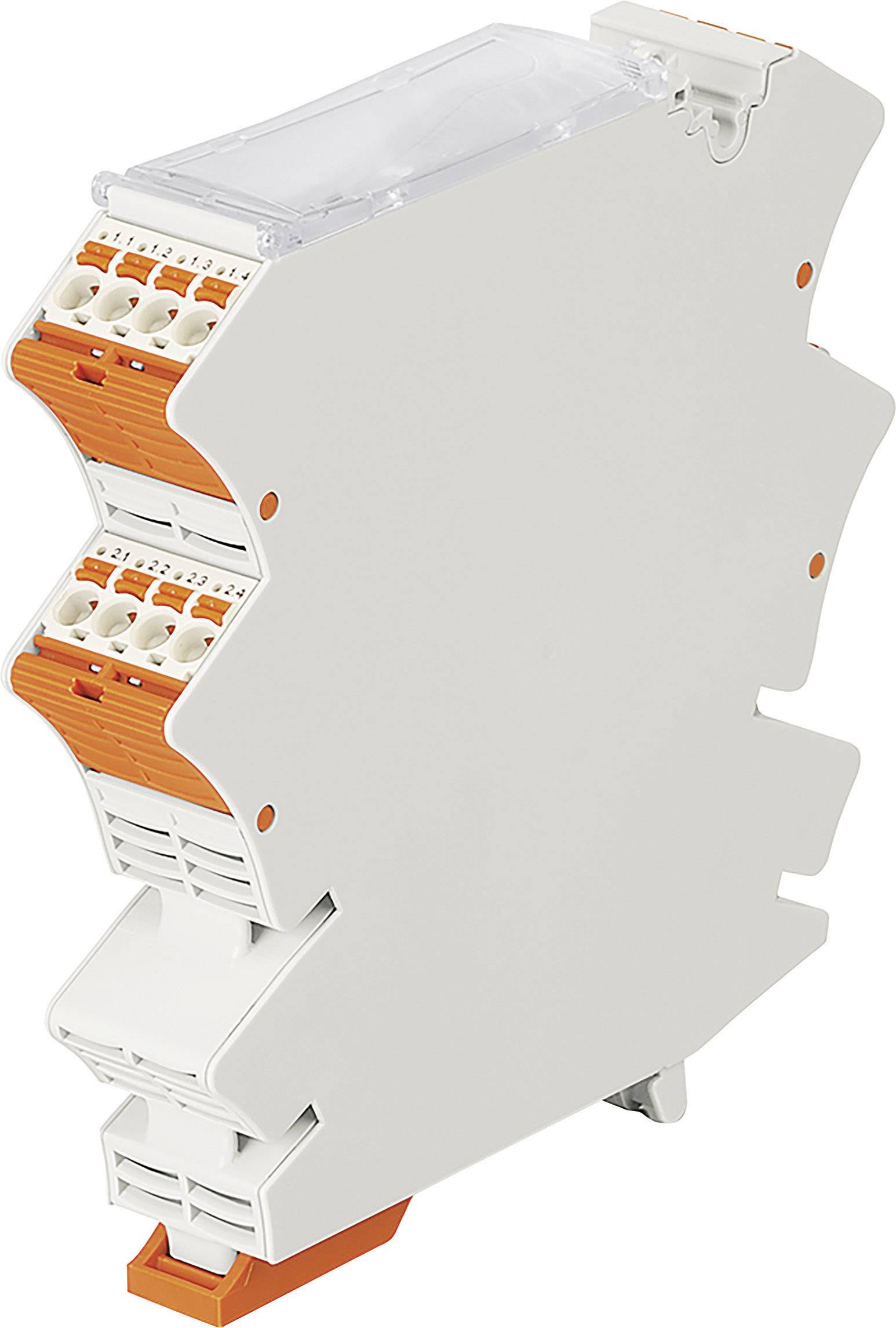 A white, three-stage electrical connection element with orange details, suitable for mounting on a DIN rail.