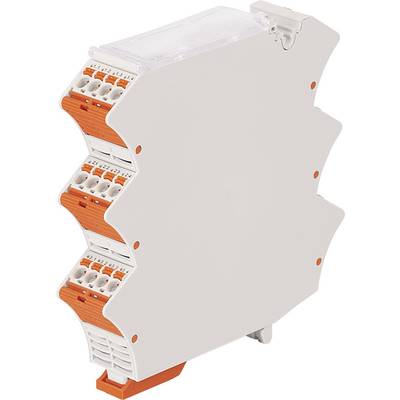 A multiple terminal block module with orange connection terminals, suitable for mounting on a DIN rail in electrical components.