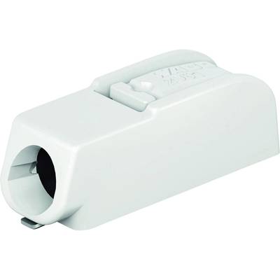 White cable junction box, rectangular shape, with side opening. Used for electrical connections.