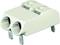 A white, two-pole cable lug with metal pins is shown, suitable for electrical connections in household appliances or electronics.