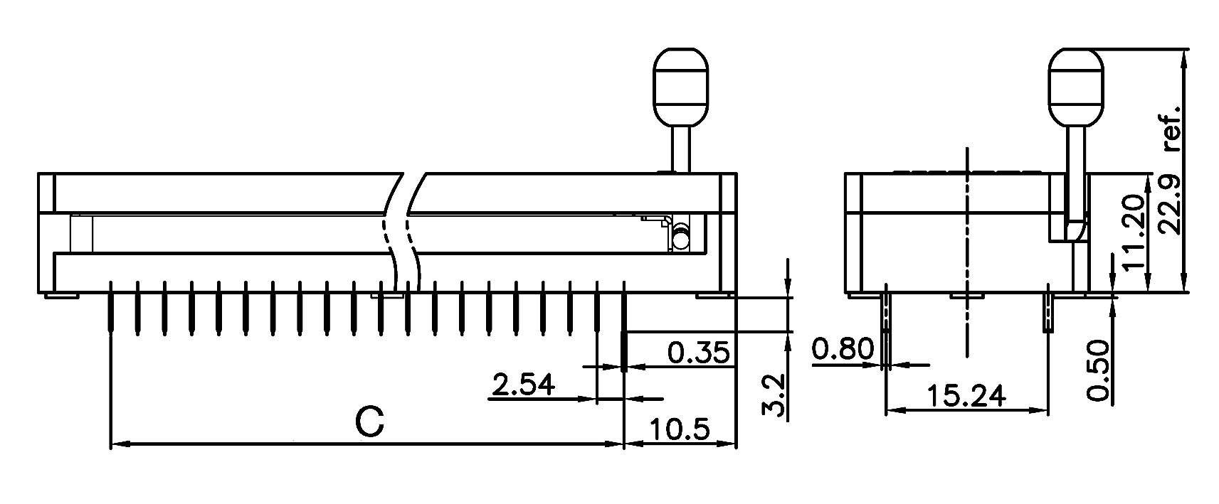 Technical drawing of an electrical connector with dimensions. Side and cross-sectional view. Dimensions in millimetres.