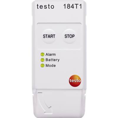 Digital data logger with 'START' and 'STOP' buttons, displaying alarm, battery, and mode LEDs, brand logo positioned bottom right.