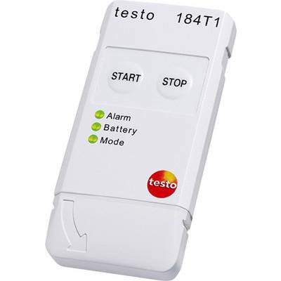 Temperature data logger 'testo 184 T1' with 'START' and 'STOP' buttons. LED indicators for alarm, battery, and mode.