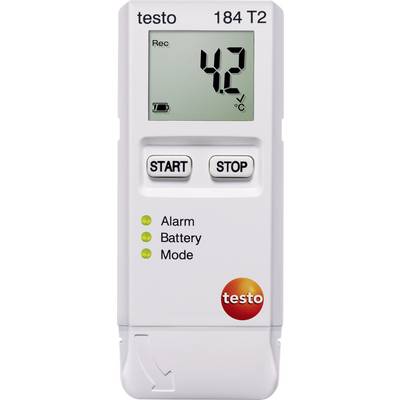 Temperature data logger with LCD display showing 4.2°C. Two buttons 'START' and 'STOP'. Indicators for alarm, battery, and mode. 'testo' logo.