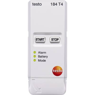 Temperature data logger with 'Start' and 'Stop' buttons, LEDs for alarm, battery, mode, and logo, suitable for monitoring transport conditions.