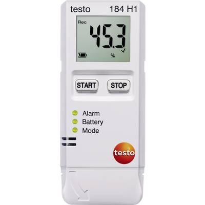 A temperature and humidity data logger with display shows humidity of 45.3%. Buttons for start and stop are visible.