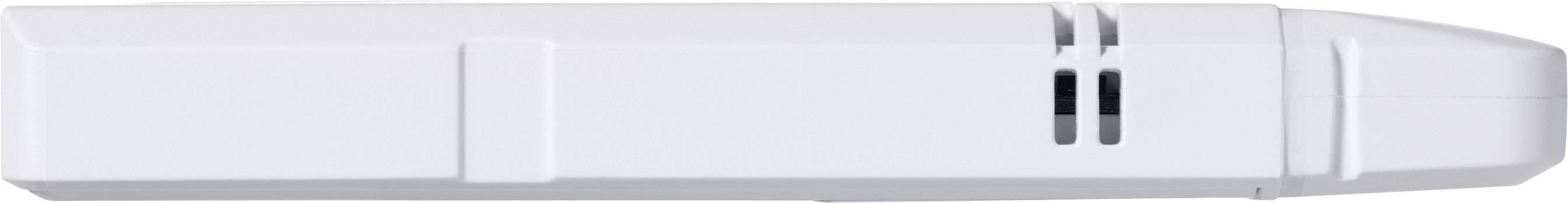 Side view of a white inhaler with a simple, sleek design and two black ventilation slots at the top right.