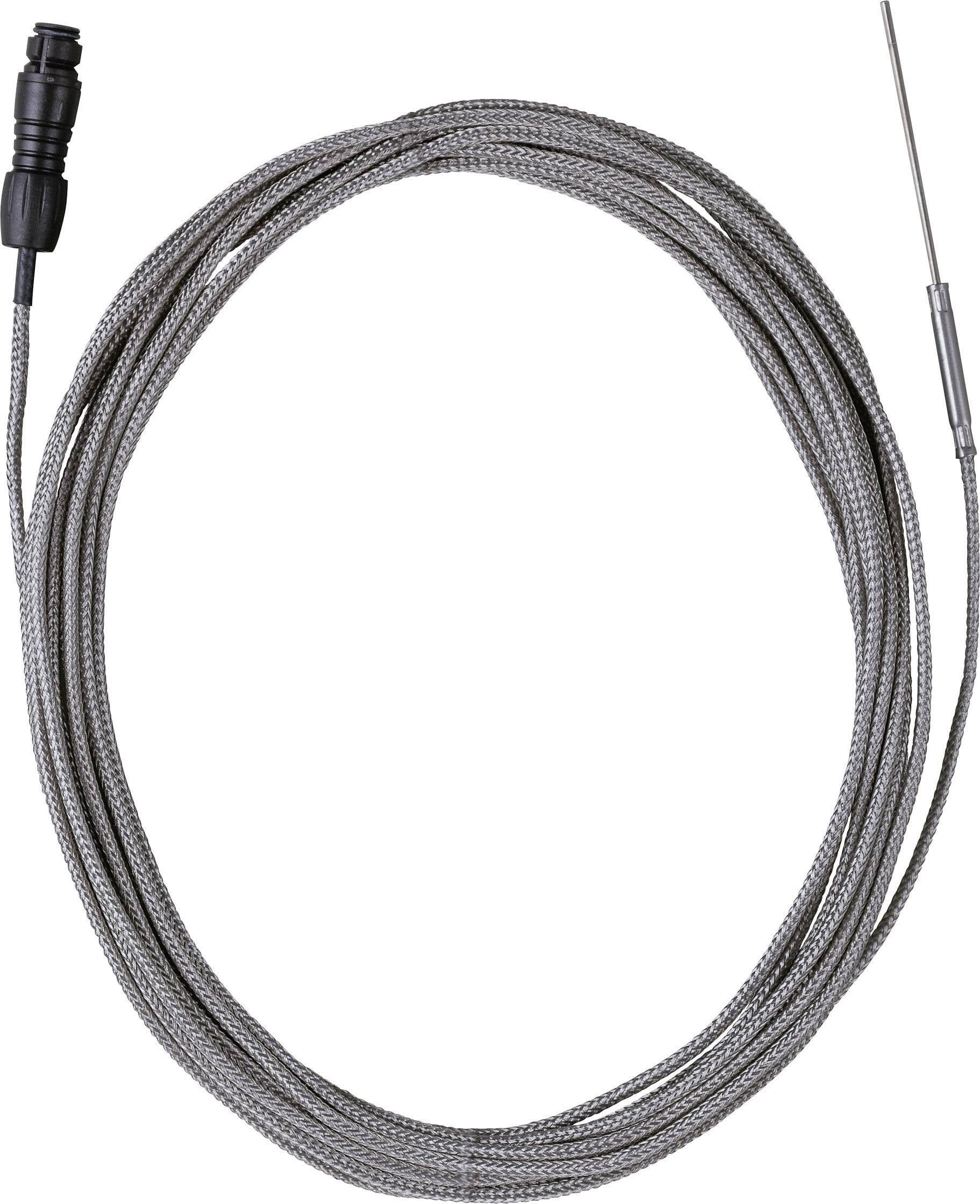 A long, grey, braided cable with a sensor at one end and a plug at the other.
