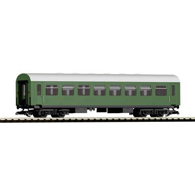 A green railway carriage on a track, side view. The carriage has rectangular windows with white frames and a flat roof.