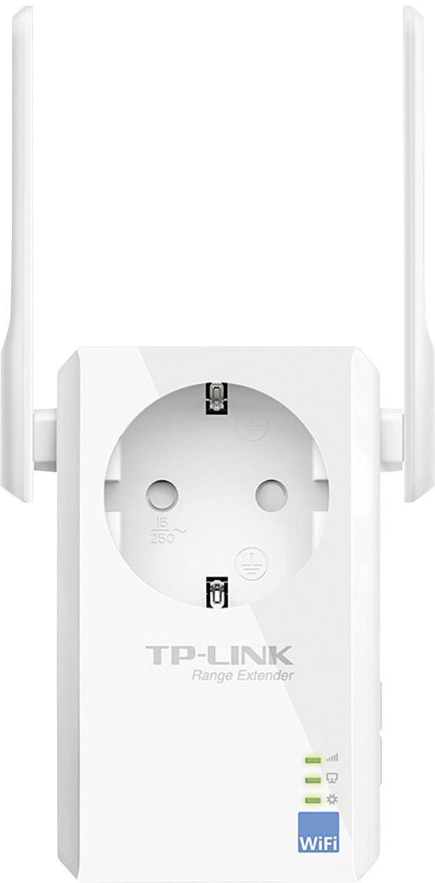 The TP-Link Wi-Fi repeater with two aerials improves wireless network coverage. LED indicators display the signal status.