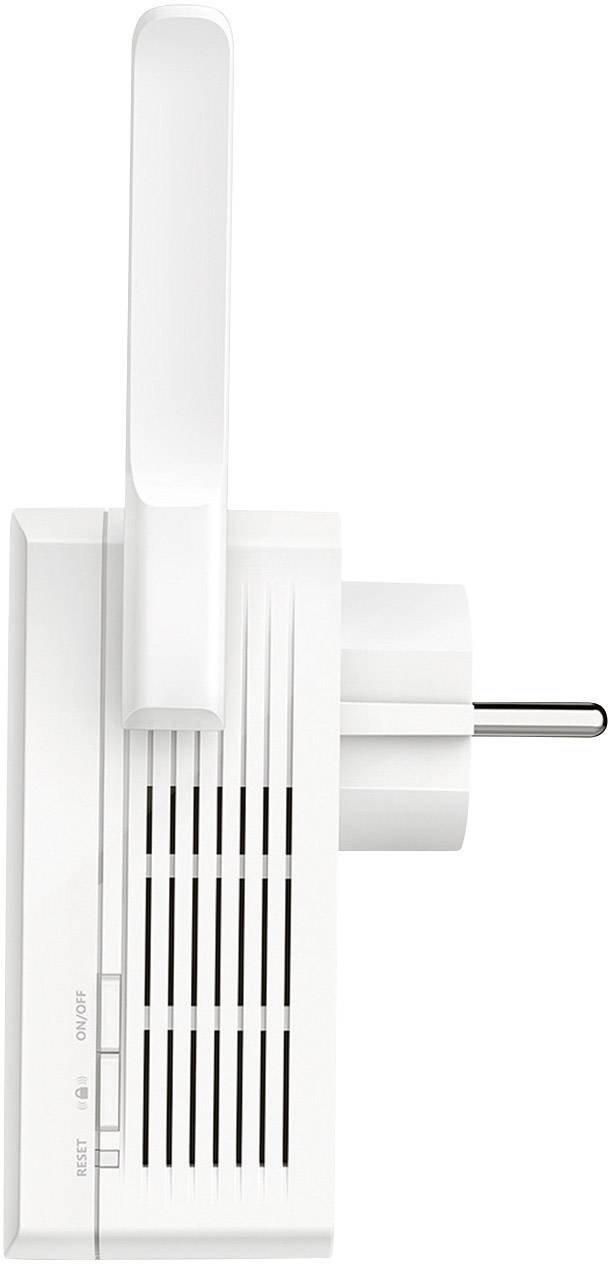 A white Wi-Fi repeater with plug socket connection and antenna, viewed from the side, shows ventilation slots and control indicators.