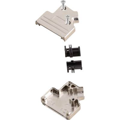 Metal housing for D-SUB plugs, two-piece with screws and plastic inserts, for secure cable connection.