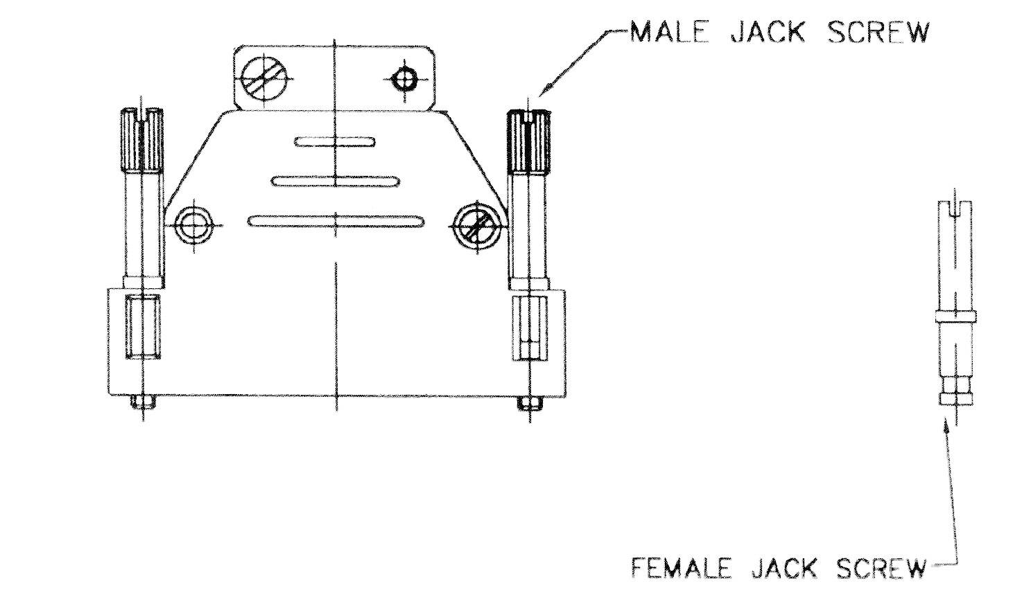 Technical drawing of a plug with male and female screws. On the left, the plug, and on the right, a detailed view of the screws.