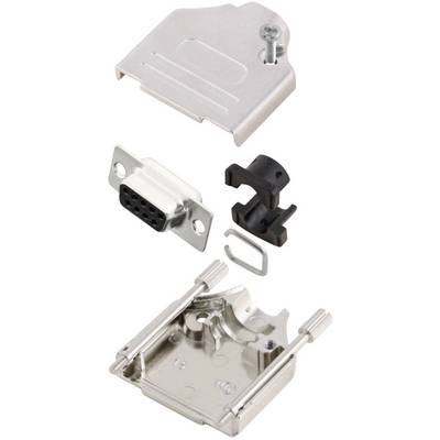 'Figure shows a disassembled metal D-Sub connector housing with upper and lower housing parts, screw, socket, and clamping components.'