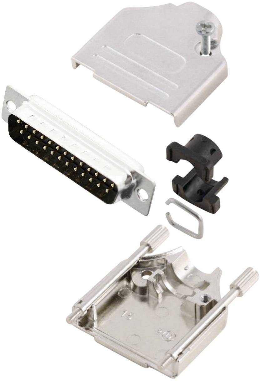 Electronic connector, consisting of multiple metal and plastic components, including a 25-pin D-Sub plug and housing parts.