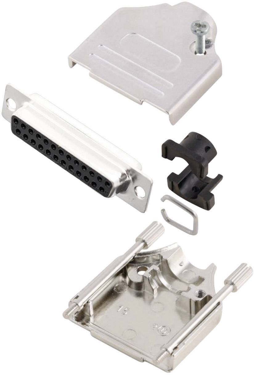 A disassembled 25-pin D-Sub connector set, comprising housing, connector strip and screws, for mounting electronic devices.