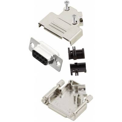 Illustrated are parts of a D-sub connector: metal housing, black inserts, and a 9-pin socket for mounting.