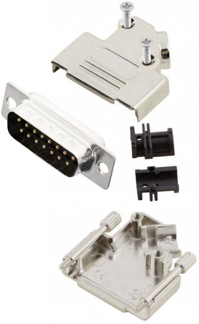 Connector kit for D-Sub plug, comprising metal housing, contacts and mounting screws. Suitable for serial connection.