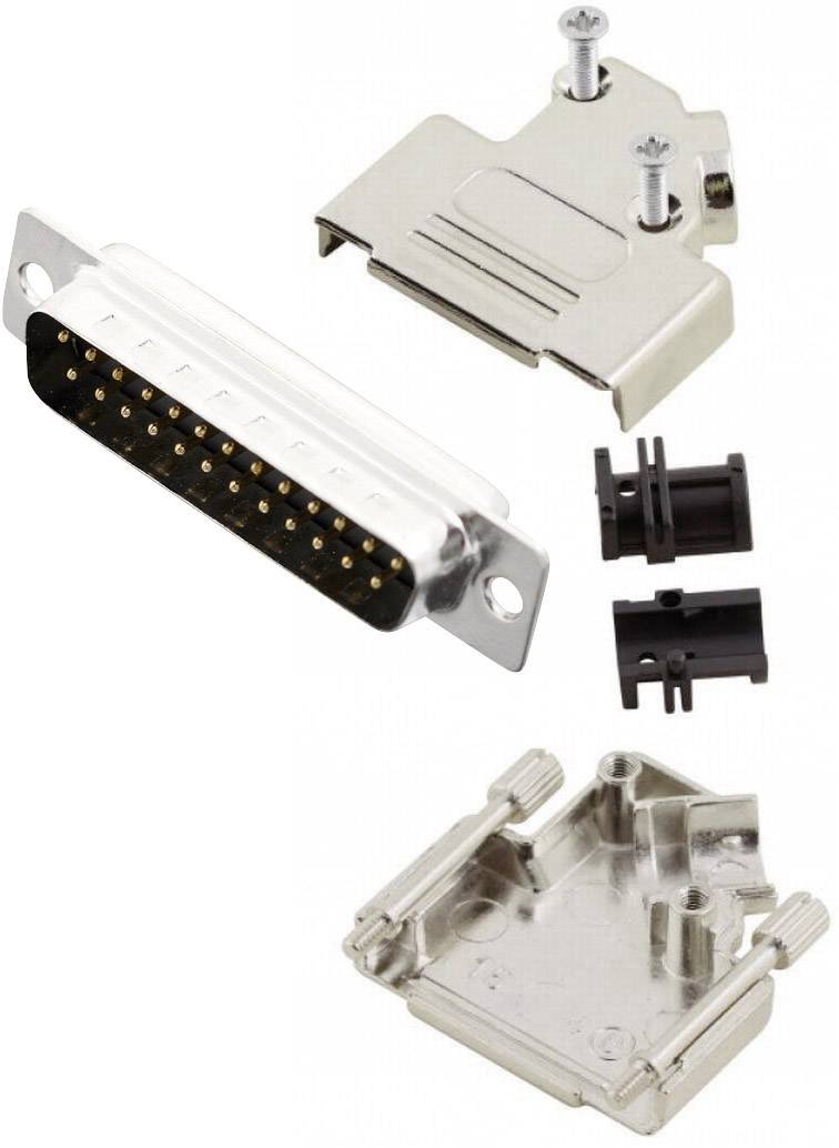 'Metal housing for D-sub plug, comprising upper and lower sections, two cable glands and mounting screws.'